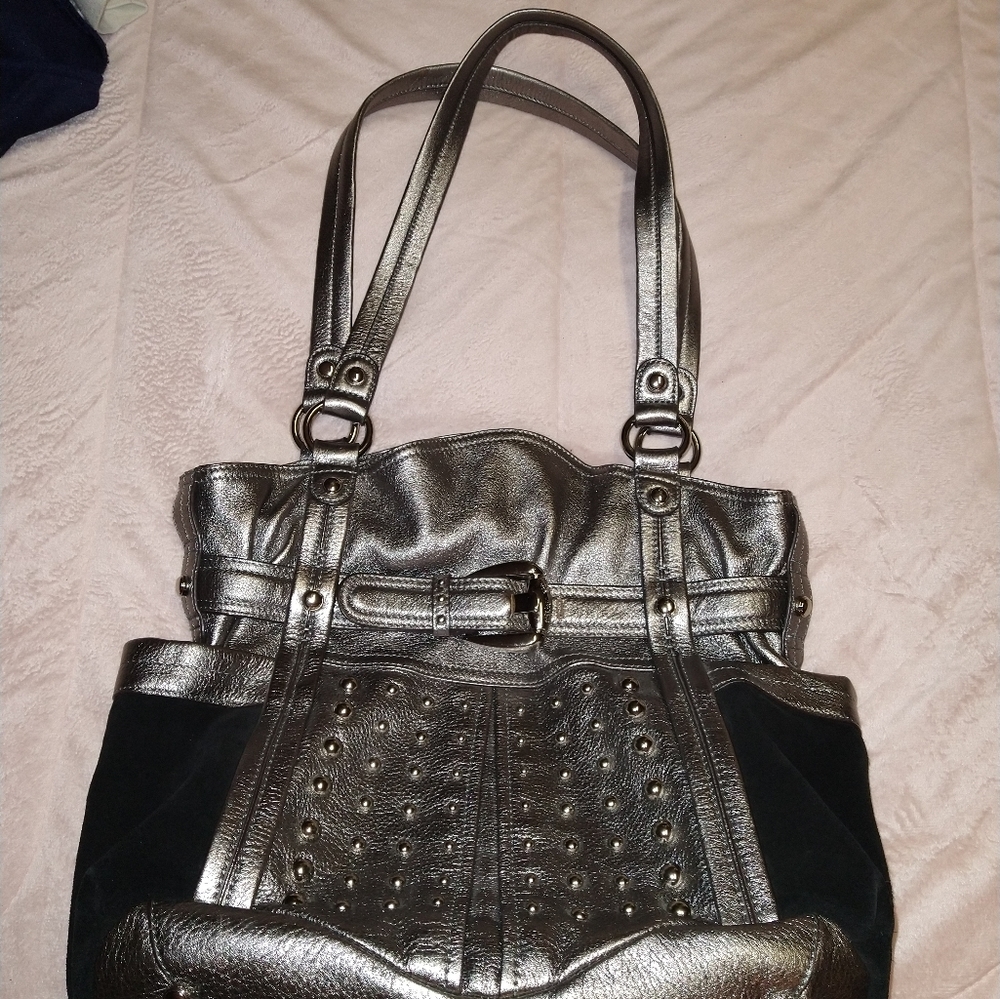 B Makowsky Columbia - Silver Leather Stud Tote Shopper Handbag